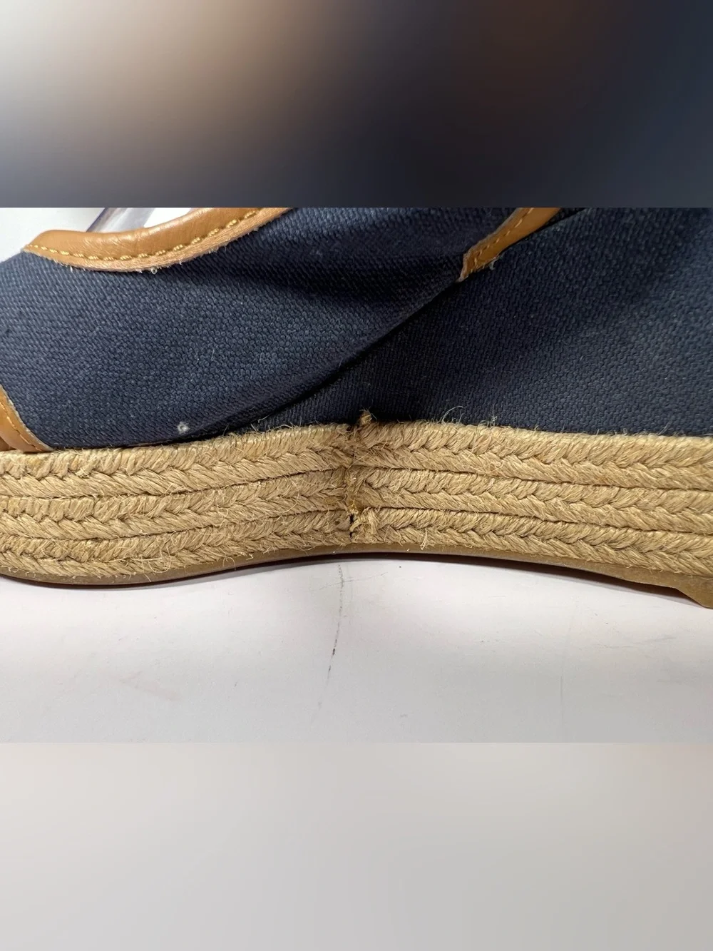 7240: Tory Burch Navy Canvas Espadrille Wedge Sandals Size 39